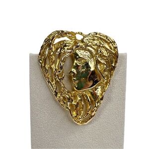 Shiny Gold Tone Art Nouveau Style Heart Shaped Lady Face Brooch